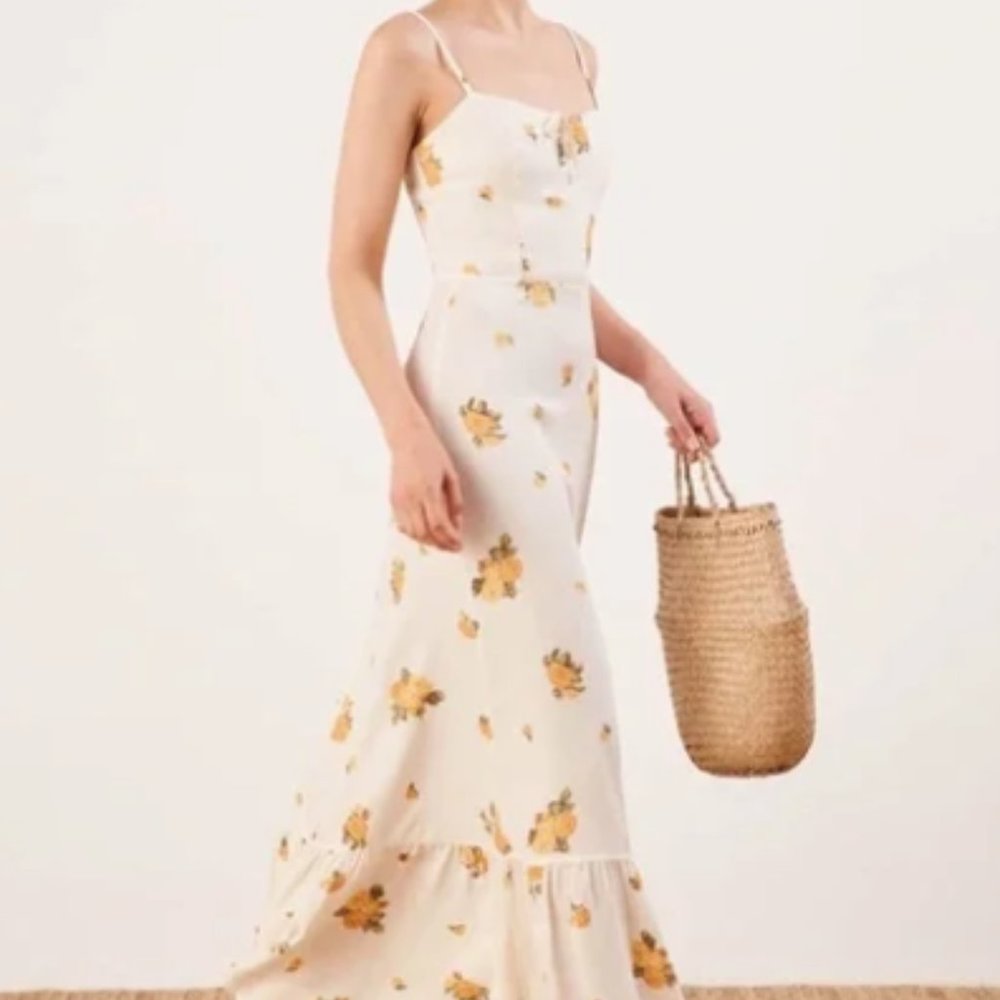 REFORMATION Ivory Yellow Frankfort Floral Print Prairie Ruffle Maxi Dress